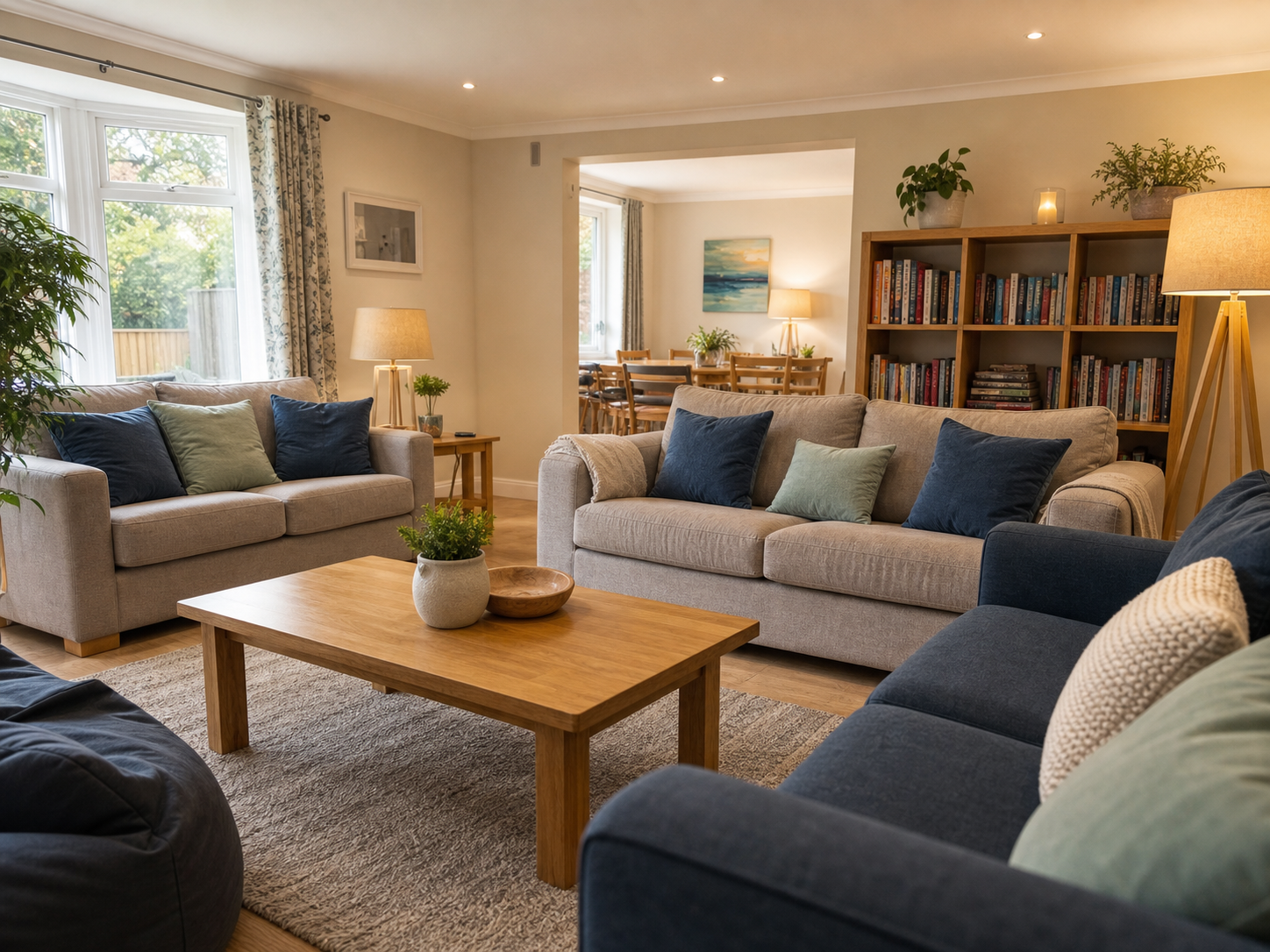 A warm, modern, domestic-style residential living room displaying comfort and safety